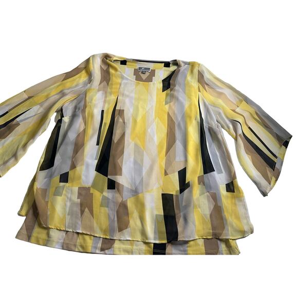 Women JM Collection Yellow Abstract sheer blouse with built-in tank 2-layer - Picture 1 of 10